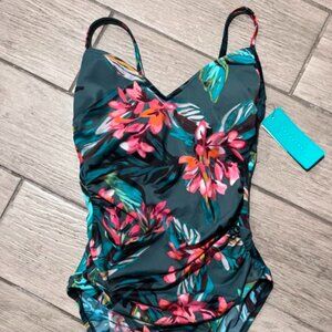 Aqua Green Women's Ring Back One Piece Swimsuit Floral